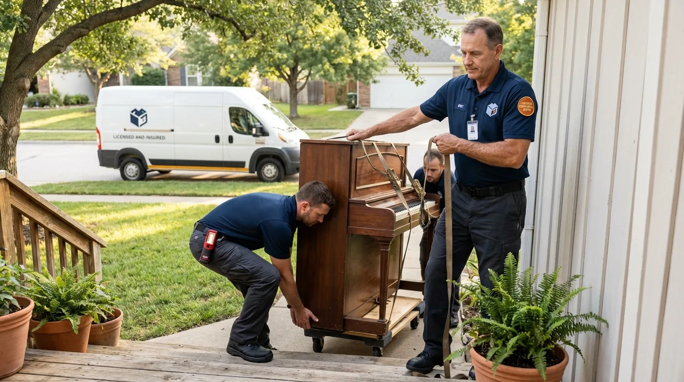 Licensed piano movers securing grand piano in Francestown, NH