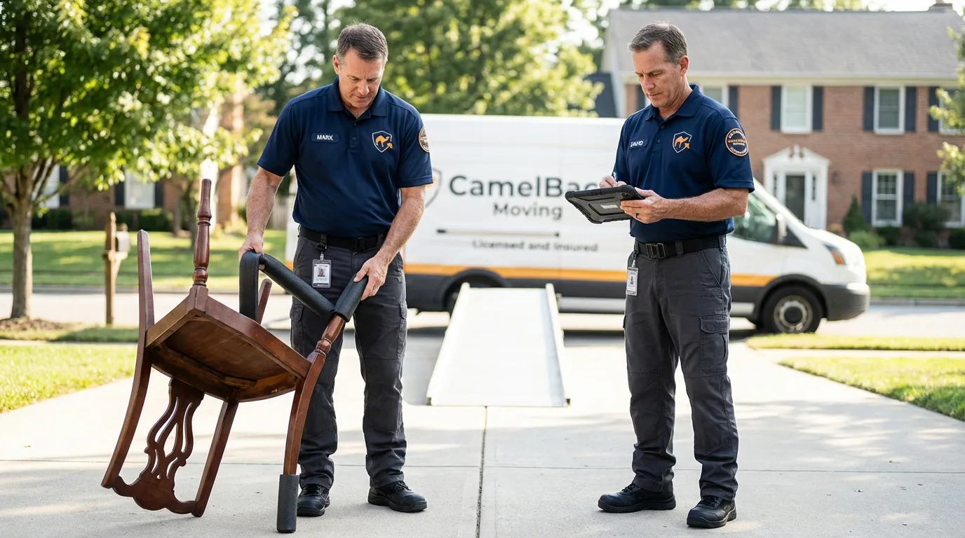 Movers inspecting furniture for damage prevention before loading in Francestown, NH
