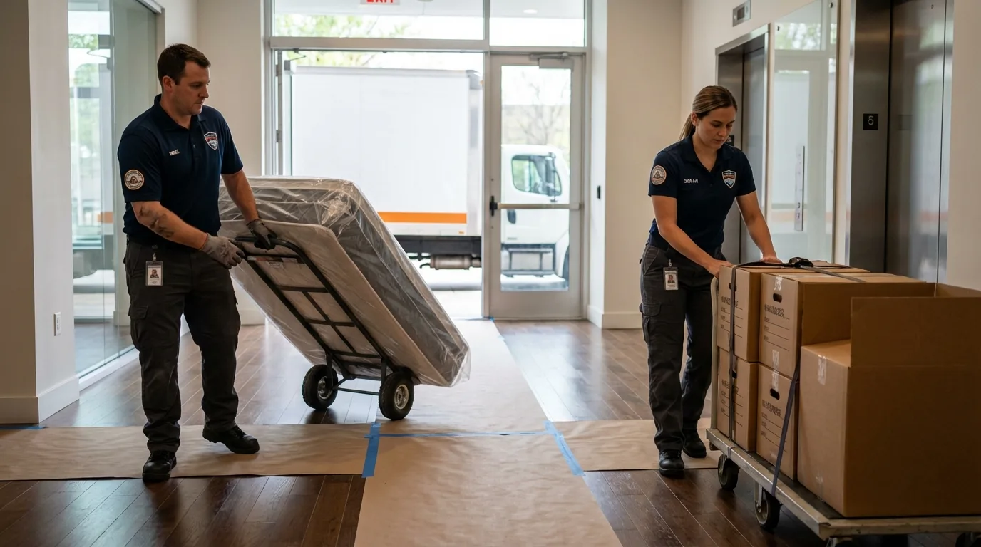 Professional apartment movers loading elevator in Francestown, NH