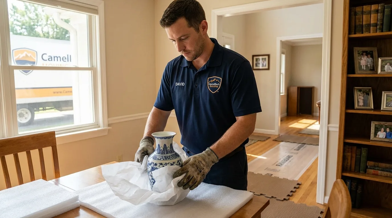 Professional crew carefully wrapping antique vase for senior downsizing move in Francestown, NH